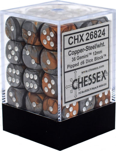 D6 -- 12MM GEMINI DICE, COPPER-STEEL/WHITE; 36CT