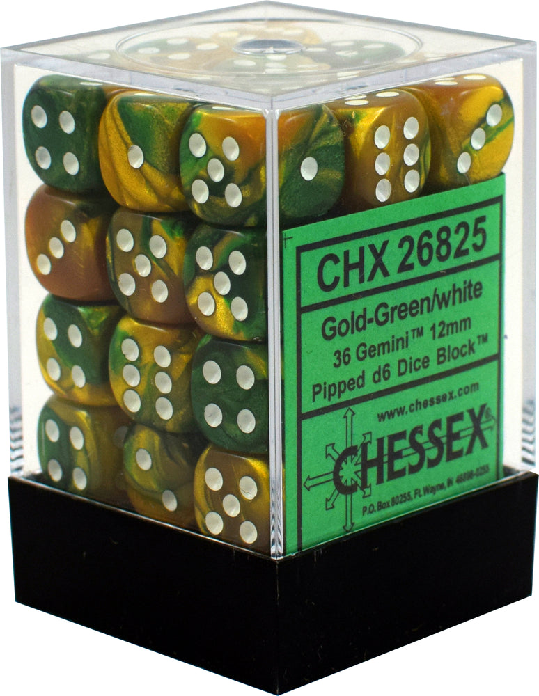 D6 -- 12MM GEMINI DICE, GOLD-GREEN/WHITE; 36CT