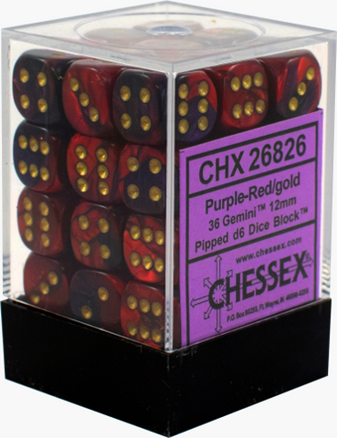 D6 -- 12MM GEMINI DICE, PURPLE-RED/GOLD; 36CT