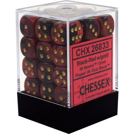 D6 -- 12MM GEMINI DICE, BLACK-RED w/Gold ; 36CT