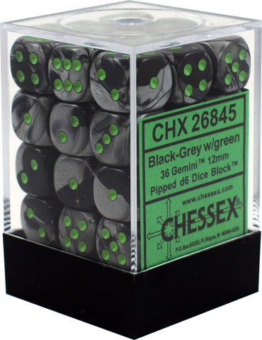 D6 -- 12MM GEMINI DICE, BLACK-GREY W/GREEN; 36CT