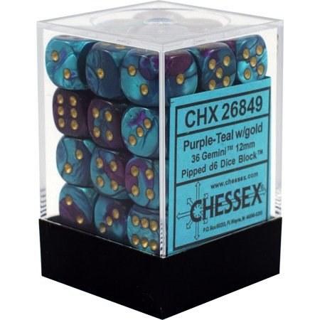 D6 -- 12MM GEMINI DICE, PURPLE-TEAL/GOLD; 36CT