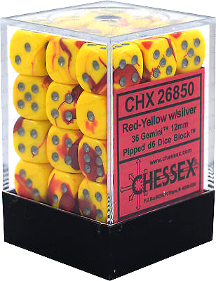 D6 -- 12MM GEMINI DICE, RED-YELLOW/SILVER; 36CT