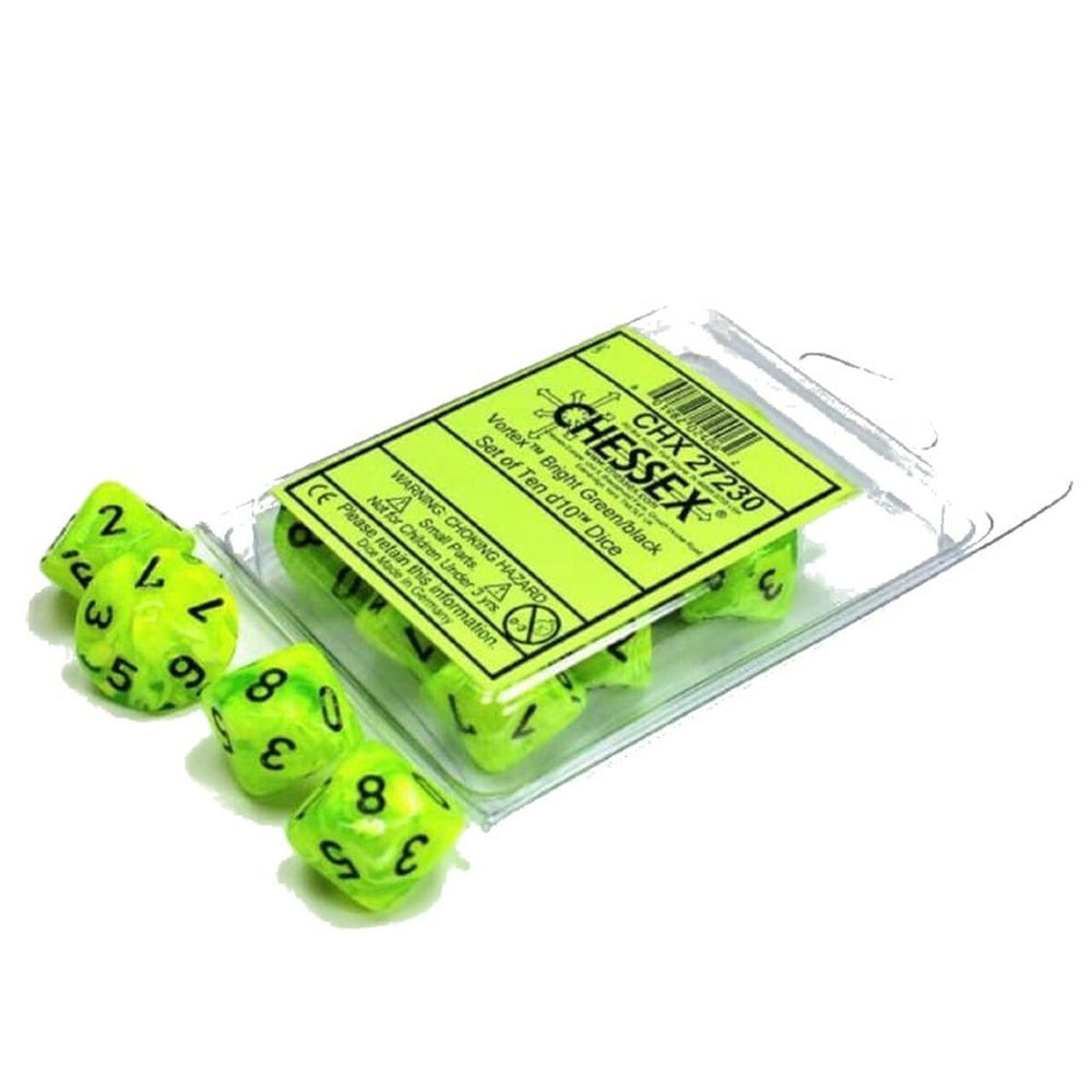 Set of Ten d10 Dice Vortex Bright Green/Black