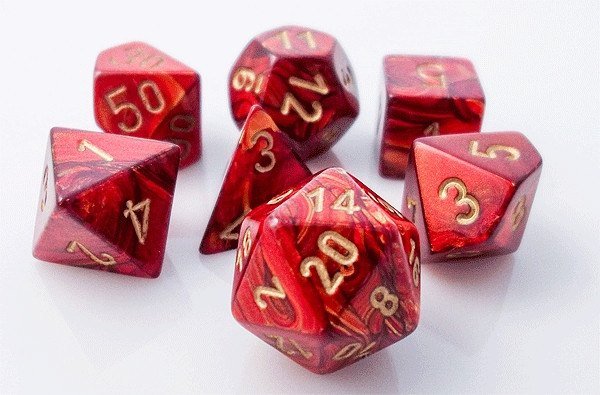 7CT SCARAB POLY DICE SET, SCARLET/GOLD