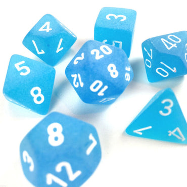 7CT FROSTED POLY DICE SET, CARIBBEAN BLUE/WHITE