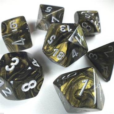 7CT LEAF POLY DICE SET, BLACK-GOLD/SILVER