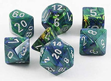 7CT FESTIVE POLY DICE SET, GREEN/SILVER