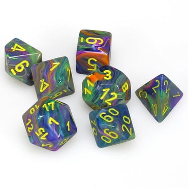 7CT FESTIVE POLY DICE SET, RIO/YELLOW