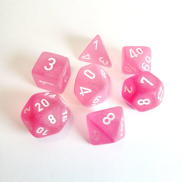 7CT FROSTED POLY DICE SET, PINK/WHITE