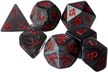 7CT VELVET POLY DICE SET, BLACK/RED