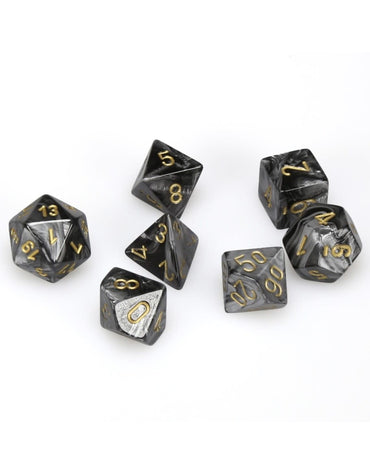 7CT LUSTROUS POLY DICE SET, BLACK/GOLD