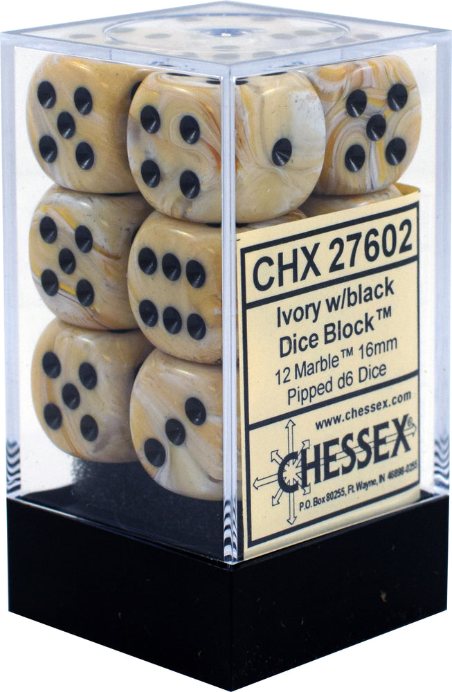 D6 -- 16MM MARBLE DICE, IVORY/BLACK, 12CT