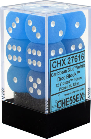 D6 -- 16MM FROSTED DICE, CARIBBEAN BLUE/WHITE, 12CT