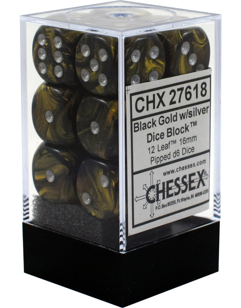 D6 -- 16MM LEAF DICE, GOLD/SILVER, 12CT