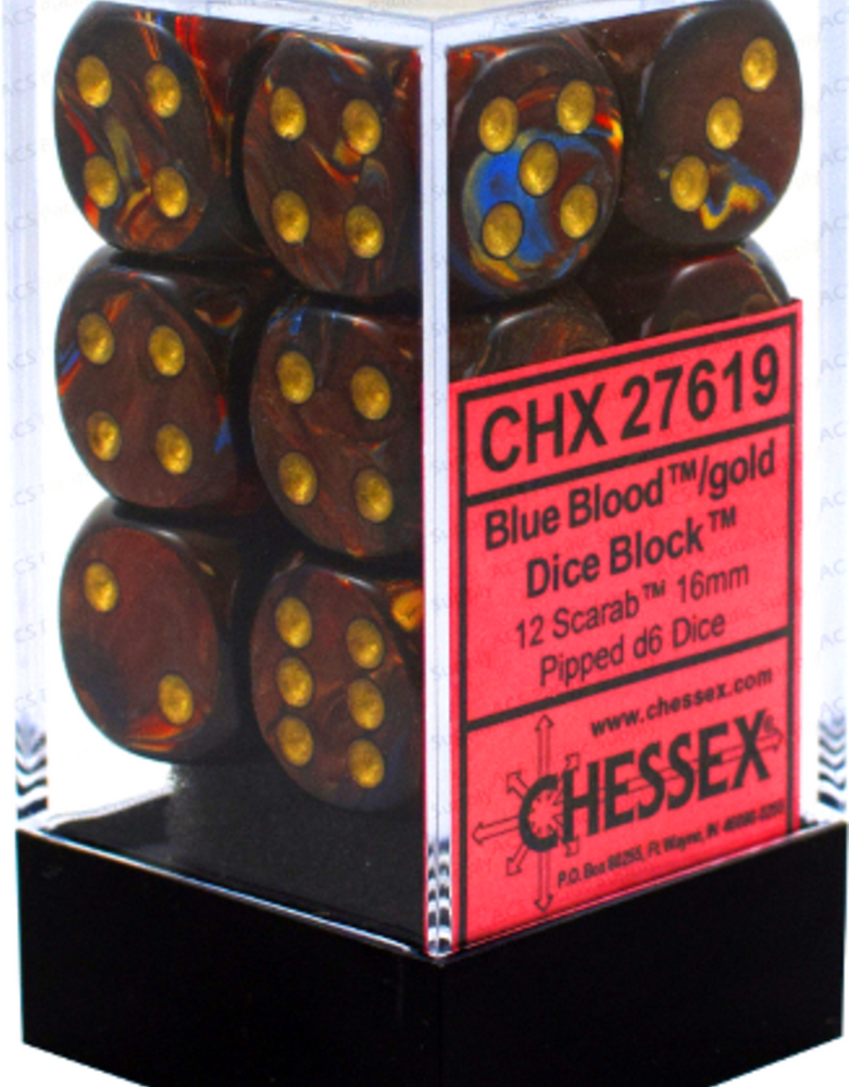 D6 -- 16MM SCARAB DICE, BLUE BLOOD/GOLD, 12CT