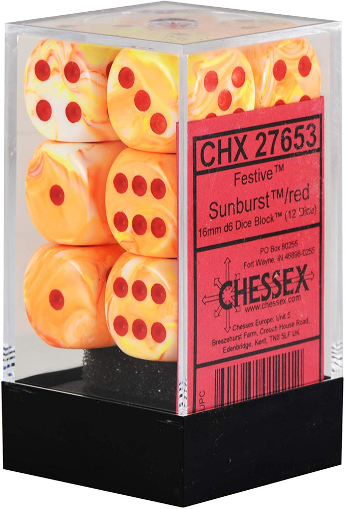 D6 -- 16MM FESTIVE DICE, SUNBURST/RED, 12CT