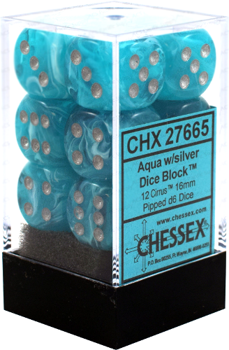 D6 -- 16MM CIRRUS DICE, AQUA/SILVER, 12CT