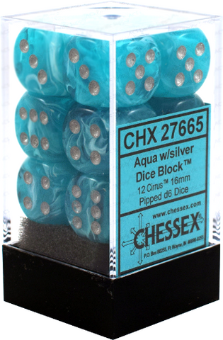 D6 -- 16MM CIRRUS DICE, AQUA/SILVER, 12CT