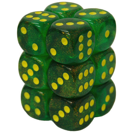D6 -- 16MM BOREALIS DICE, MAPLE GREEN/YELLOW, 12CT