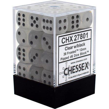 D6 -- 12MM FROSTED DICE, CLEAR/BLACK, 36CT