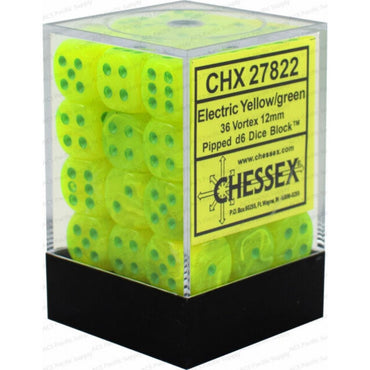 D6 -- 12MM VORTEX DICE, ELECTRIC YELLOW/GREEN, 36CT
