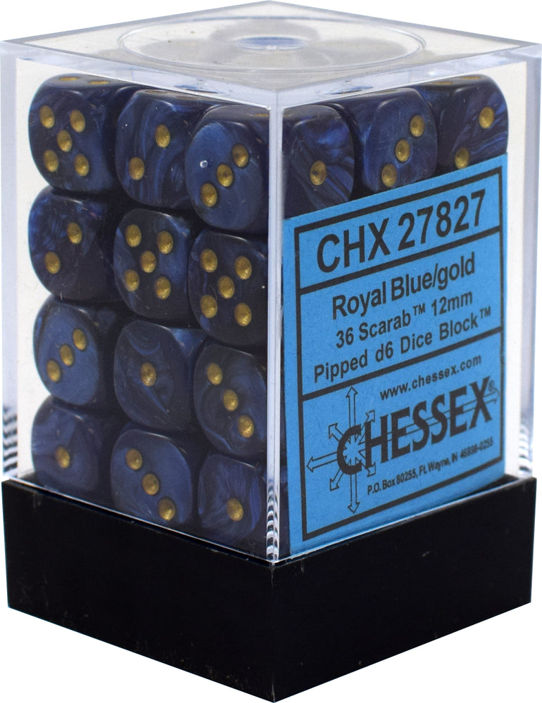 D6 -- 12MM SCARAB DICE, ROYAL BLUE/GOLD, 36CT