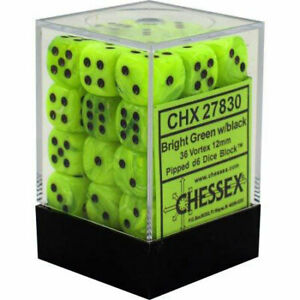 D6 -- 12MM VORTEX DICE, BRIGHT GREEN/BLACK, 36CT