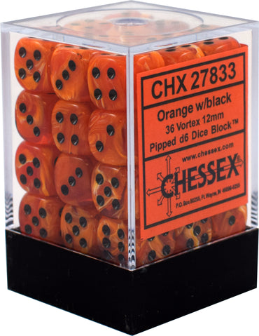 D6 -- 12MM VORTEX DICE, ORANGE/BLACK, 36CT