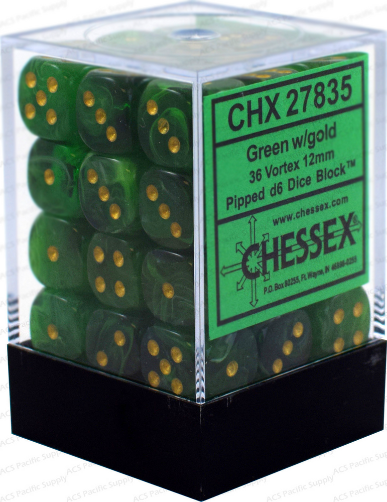 D6 -- 12MM VORTEX DICE, GREEN/GOLD, 36CT