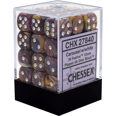 D6 -- 12MM FESTIVE DICE, CAROUSEL/WHITE, 36CT