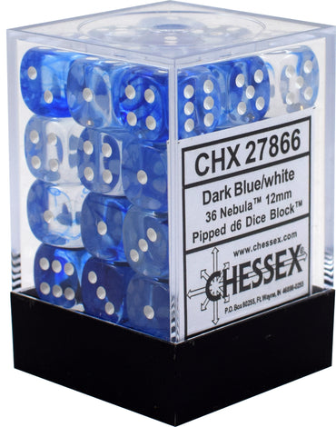 D6 -- 12MM NEBULA DICE, DARK BLUE/WHITE, 36CT