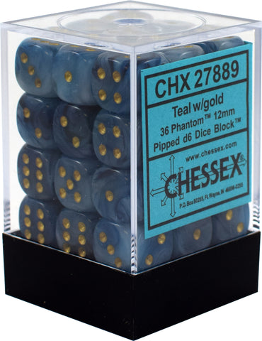 D6 -- 12MM PHANTOM DICE, TEAL/GOLD, 36CT