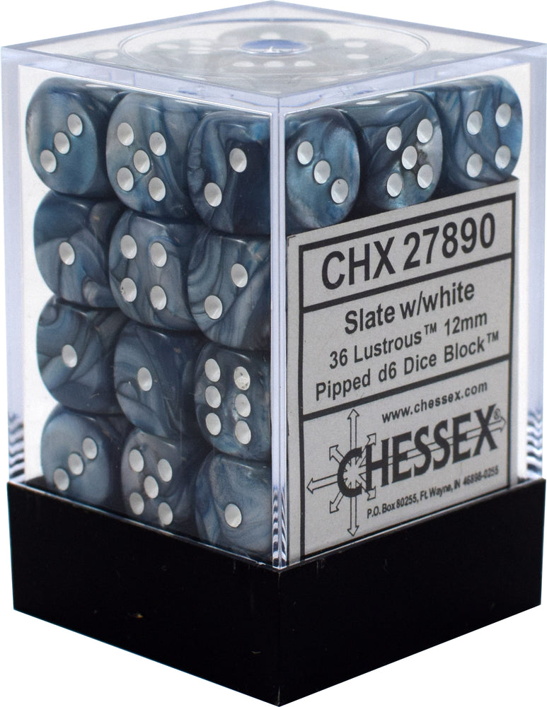 D6 -- 12MM LUSTROUS DICE, SLATE/WHITE, 36CT