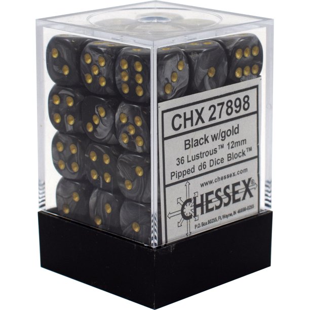 D6 -- 12MM LUSTROUS DICE, BLACK/GOLD, 36CT