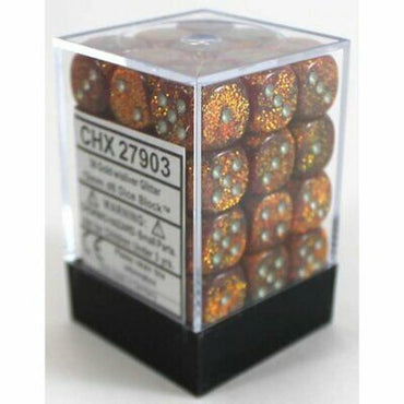 D6 -- 12MM GLITTER DICE, GOLD/SILVER, 36CT