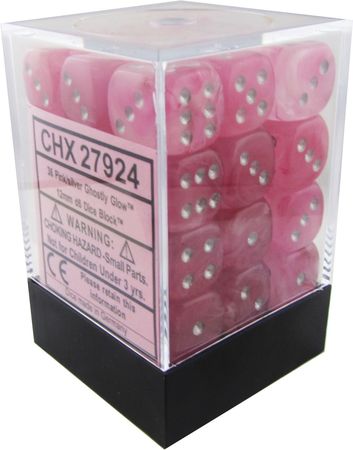 D6 -- 12MM GHOSTLY GLOW DICE, PINK/SILVER, 36CT