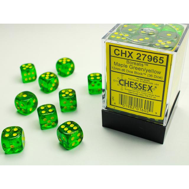 D6 -- 12MM BOREALIS DICE, MAPLE GREEN/YELLOW, 36CT