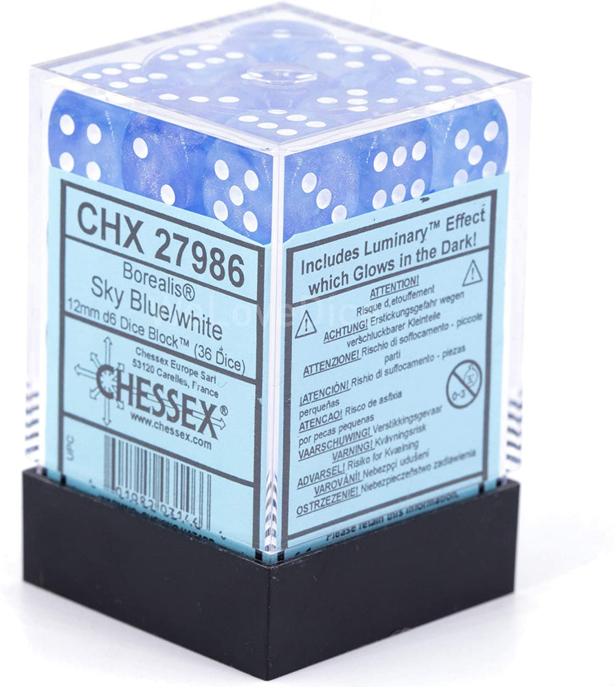 12MM 36CT D6 DICE BLOCK: BOREALIS LUMINARY SKY BLUE W/WHITE
