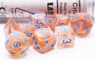 7CT LAB DICE Borealis Poly Set,  Rose Gold / Light Blue Set